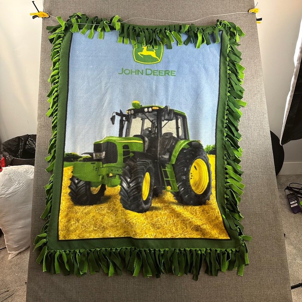 John Deere Tractor Fleece Tie‎ Blanket Green Fringed Farm Equipment